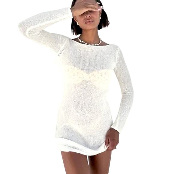 Rumored White Knit Cover Up Mini Dress Small Sweet Talker Bathing Suit Swimsuit - Picture 2 of 5